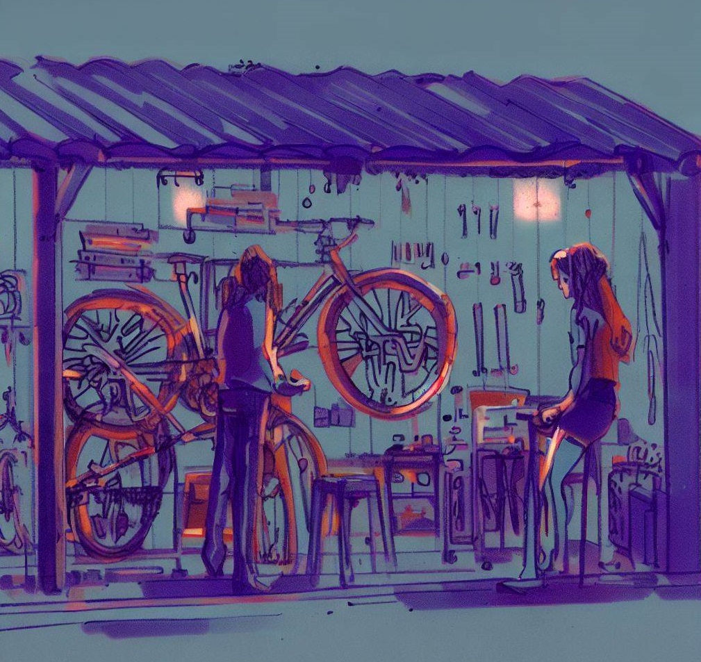Illustration de votre mécanicien de vélo qui travaille à son atelier de réparation de vélo à Lévis.